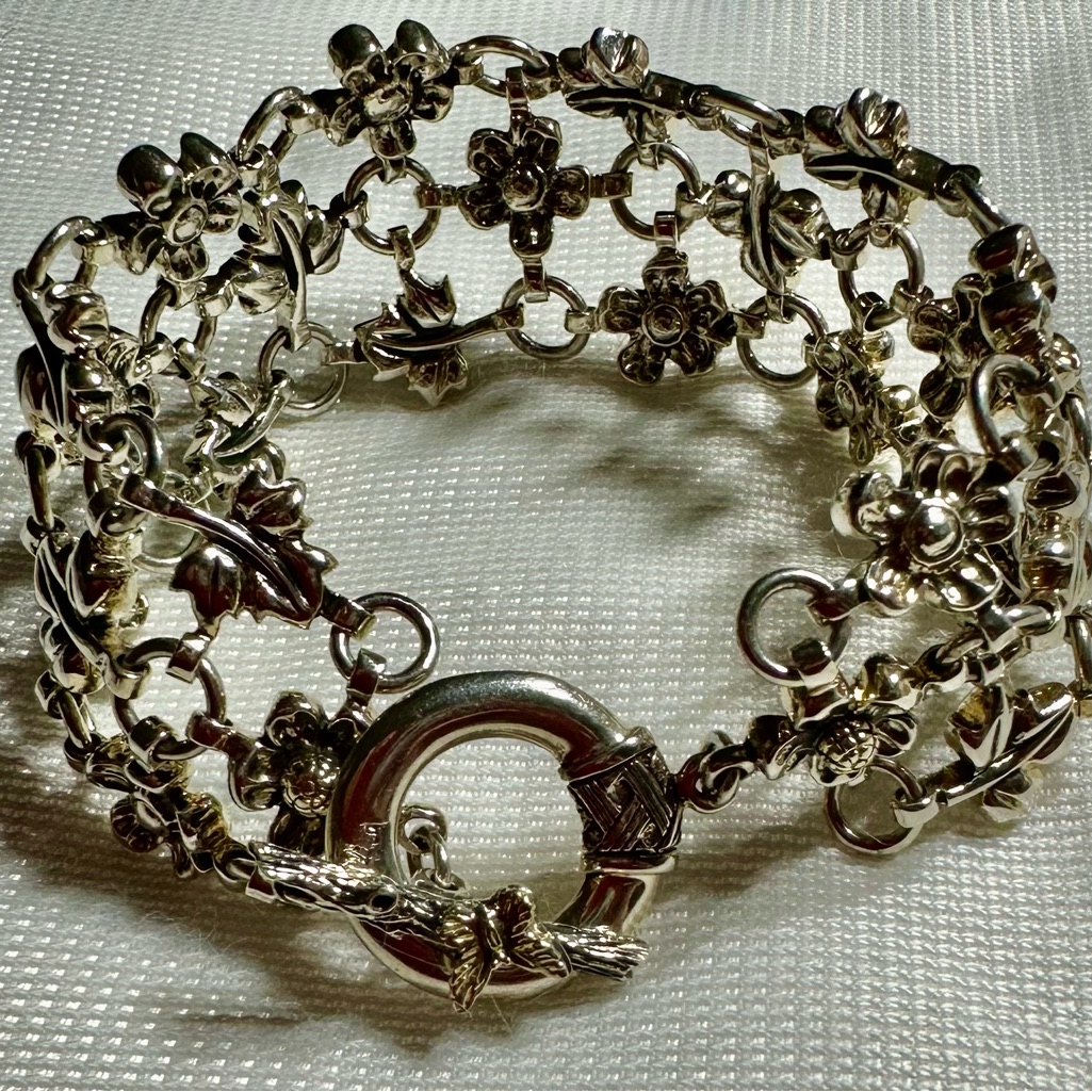Ann King 925 Sterling & 18k Gold Floral Leaf 8” Bracelet 1” Wide 52.8g Lot#33